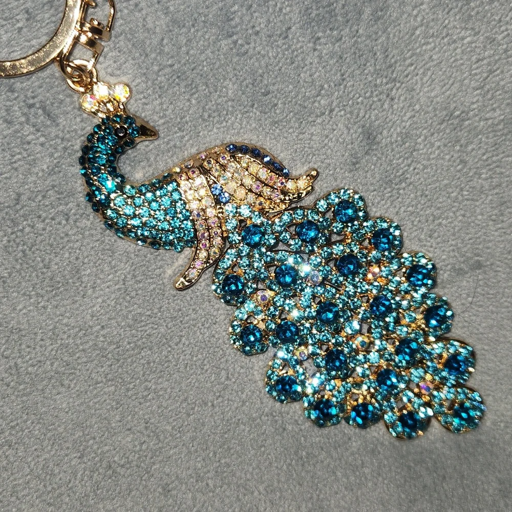 Blue Peacock with Gold Accents Bag Charm Keychain - Picture 4 of 4
